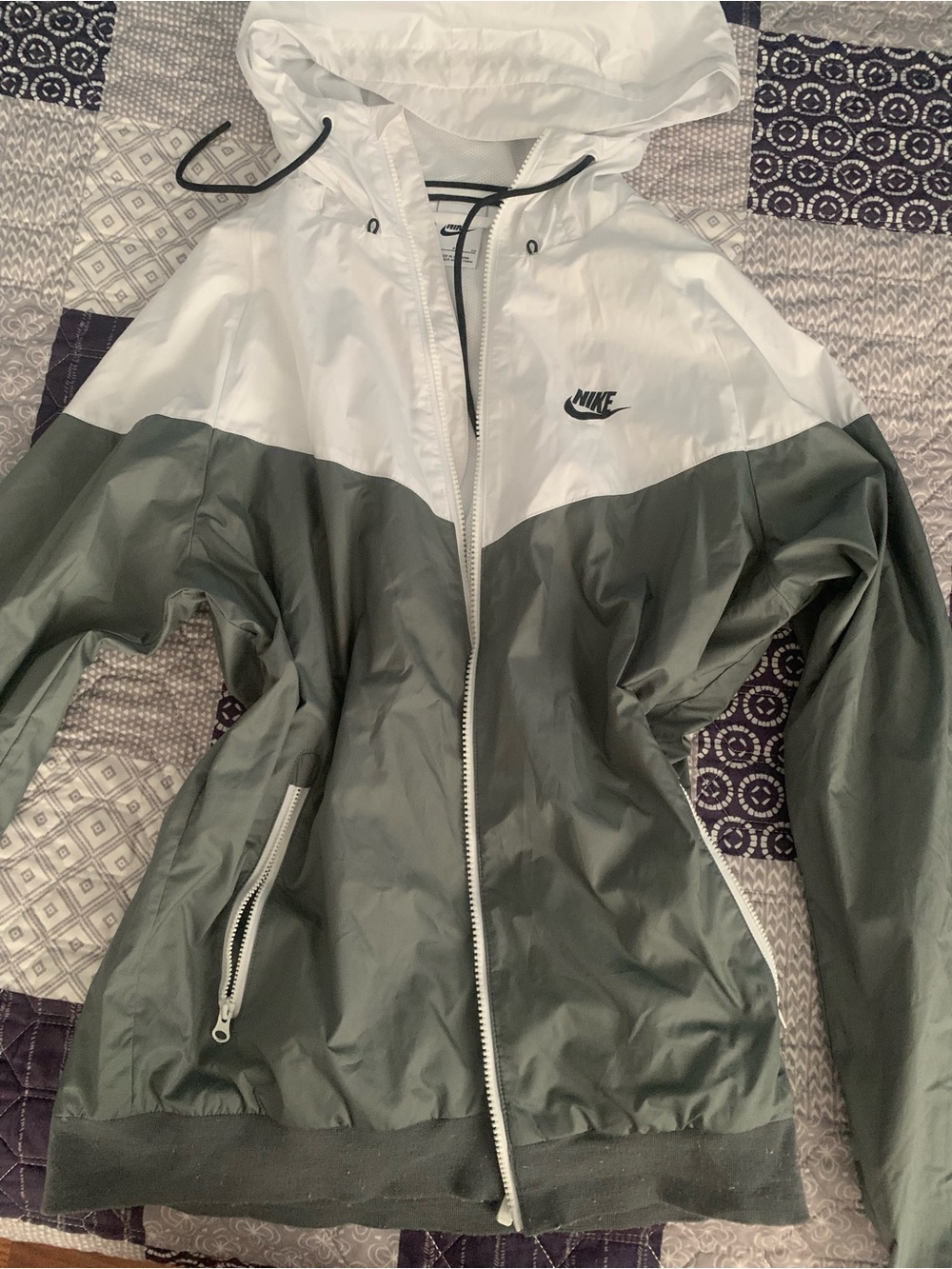 Nike Women's White and Olive Green Hooded Bomber Jacket